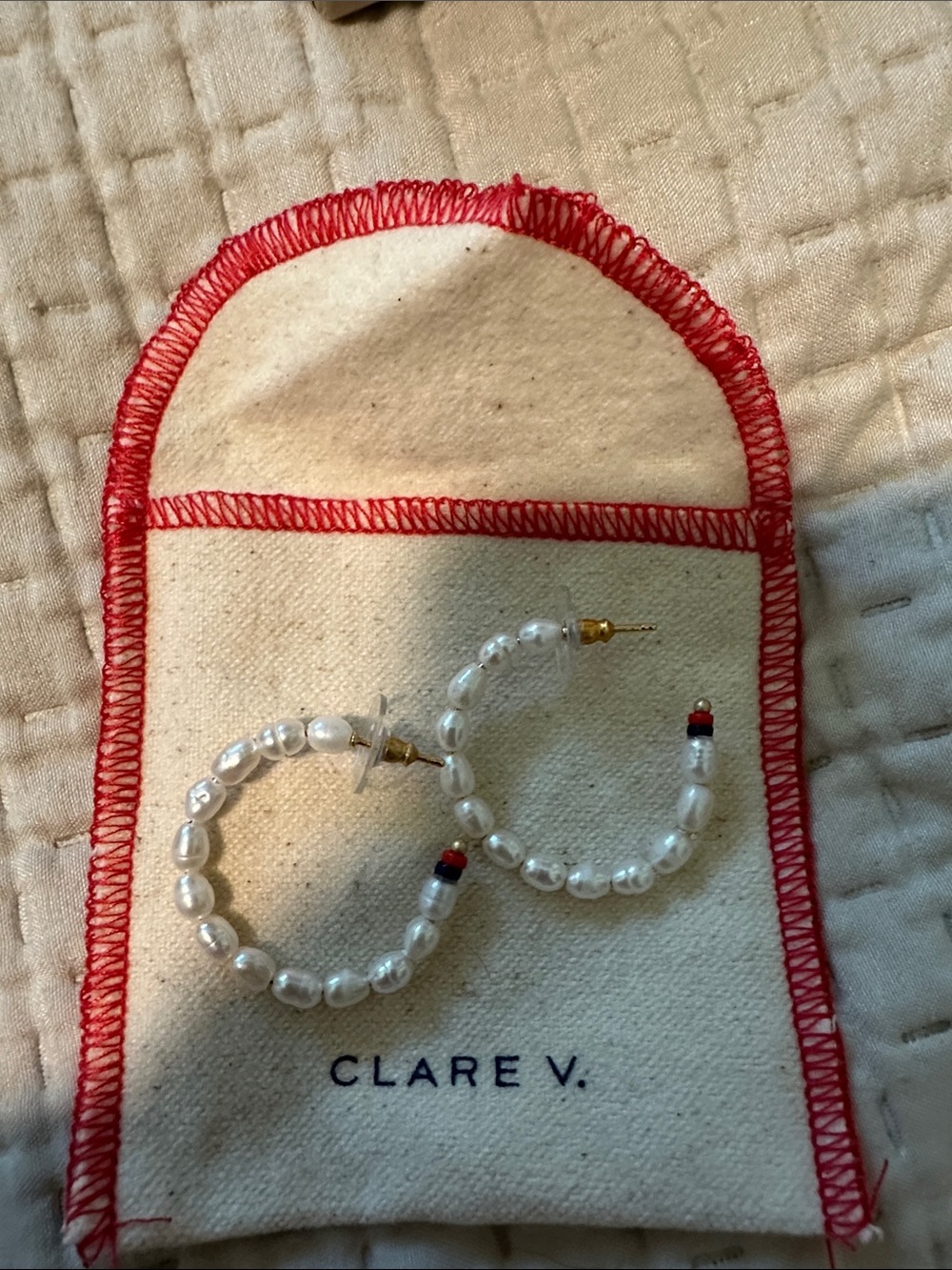 Clare V. Pearl Beaded Hoop Earrings with Red & Blue Accent